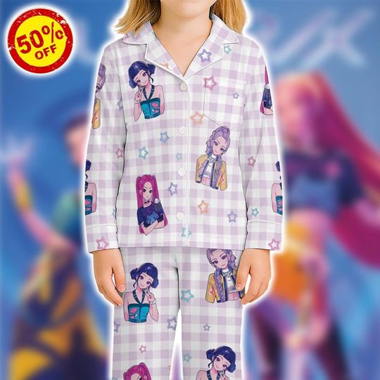 Kpop Lover Gingham Kids Pajamas Set, Cute Demon Hunter Inspired Pajamas, Fan Gifts, Christmas Pijamas set, Halloween Costume Outfit