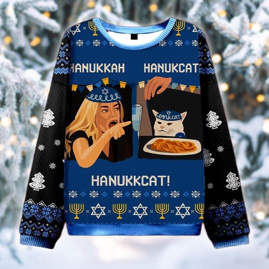 Funny Hanukkah Ugly Sweater, HanukCat Meme Holiday Sweatshirt, Jewish Festival Crewneck Gift, Dreidel Xmas Party Shirt, Mazel Tov