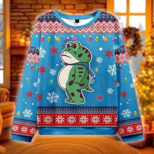 Funny Frog Ugly Christmas Sweater, Big Belly Frog Holiday Sweatshirt, Cute Toad Xmas Crewneck, Amphibian Lover Gift, Secret Santa