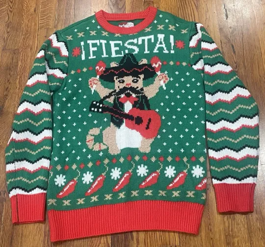 Discover Party Sweater Dec 25th Small Unisex Fiesta Cat Ugly Christmas Green Red