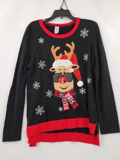 Discover Holiday Time Ugly Christmas Sweater Womens L(12-14) Color Black/Red Reindeer