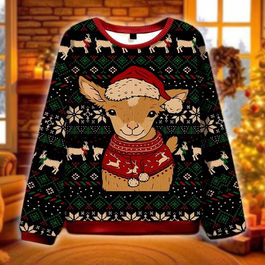 Cute Goat Christmas Sweater, Ugly Holiday Sweatshirt, Farm Animal Xmas Crewneck, Kid Goat Xmas Gift