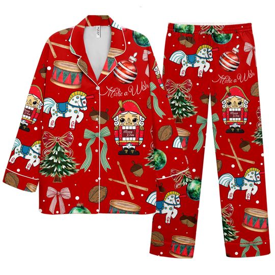 Nutcracker Christmas Pajama Set  Satin Holiday Sleepwear, Xmas Gift PJs
