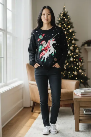 Discover Tipsy Elves Ugly Christmas Sweater Women XL Black Santa Sweater Unicorn Sweater
