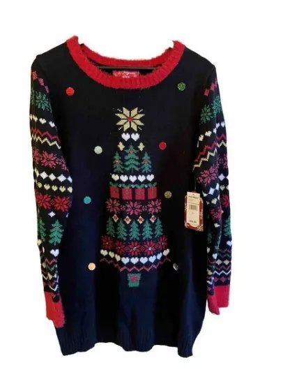 Discover Women’s Ugly Sweater Tunic Christmas Tree Black Jewel Heart XL Extra Large NWT