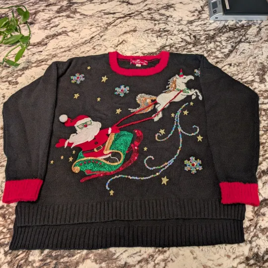 Ugly Christmas Sweater Unicorn Santa XL Womens 33 Degrees Sequin Bling Black Red