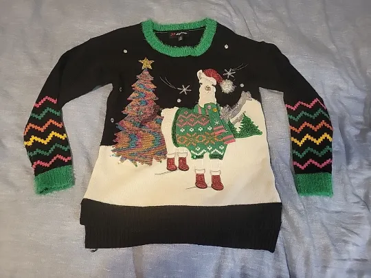 Discover 33 Degrees Ugly Christmas Sweater Womens XS Llama Sequin Tree Black 3D Pullover