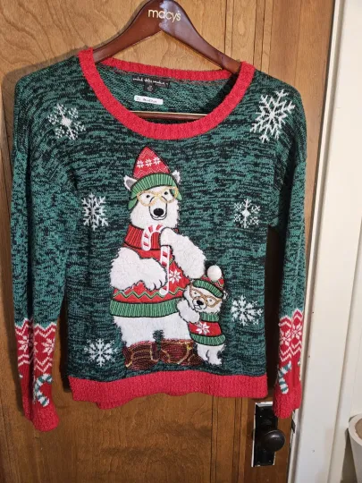Discover Ugly Christmas Sweater Polar Bear W/Cub & Snow Flakes, Green, Red, M