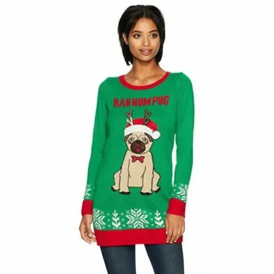 Discover Blizzard Bay Womens Ugly Sweater Bah Hum Pug, Cloverfield, Size Large