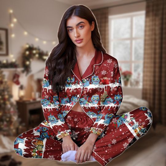 Xmas BLue Tiger Long Satin Pajamas, Demon Tiger Long PJs Set, Demon Hunter Button Long Sleeve PJs, Depy Tiger Long Pants PJs, Gift for