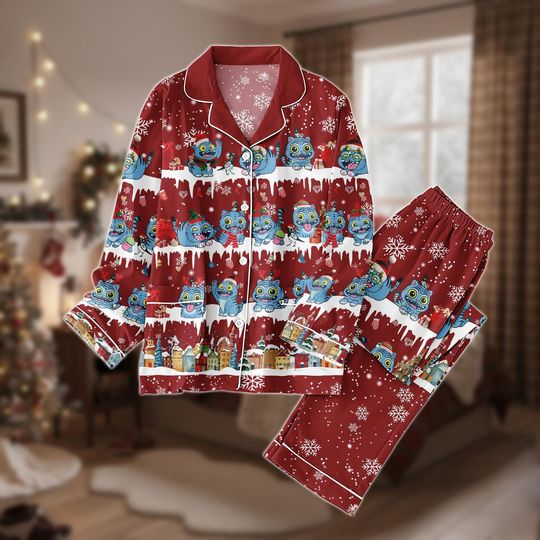 Discover Christmas BLue Tiger Thick Pajamas, Demon Tiger Long Pajamas Set, Demon Hunter Button PJs, Depy Tiger Long Sleeve PJs Set, Gift for Kpo