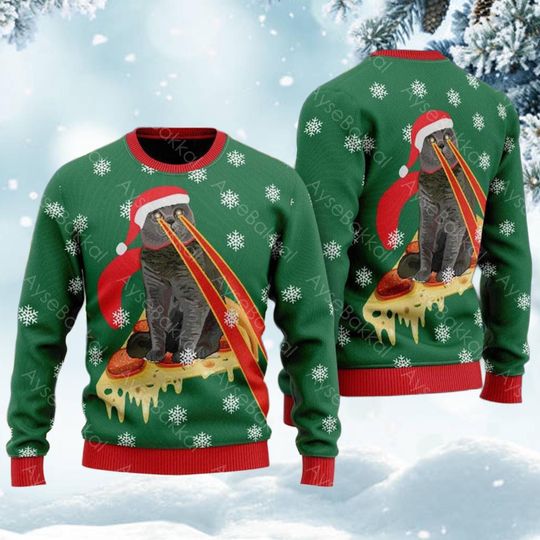 Laser Cat Pizza Christmas Sweater, Funny Green Holiday Sweater Santa Hat Snowflake Pattern Ugly Xmas Party Gift