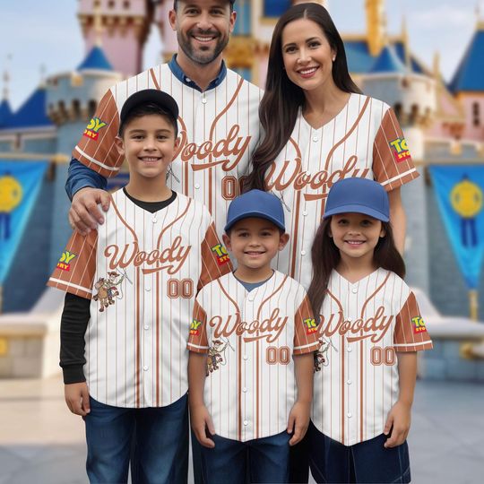 Discover Personalized Woody Toy Story Striped Baseball Jersey Shirt, Disney Family Matching Baseball Tee, Cartoon Baseball Team Gift