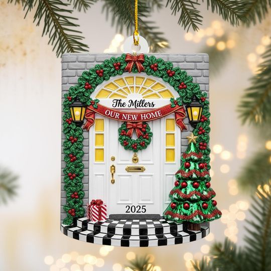 Discover Personalized Door Christmas Ornament with Wreath and Tree, Family Name Holiday Keepsake