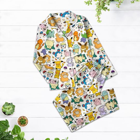 Poke Anime Pajama Set, Cute Pika Eevee Sn Lax Sleepwear, Kids Satin Loungewear, Funny Manga Family PJs, Cozy Holiday Xmas Gift