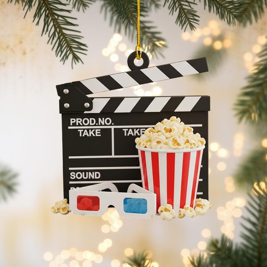 Movie Night with Popcorn Christmas Ornament, Tree Hanging Decor, Gift for Film Lovers