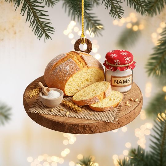 Personalized Bread Loaf Christmas Ornament, Tree Hanging Decor with Flour Bowl and Jam Jar, Gift for Baker