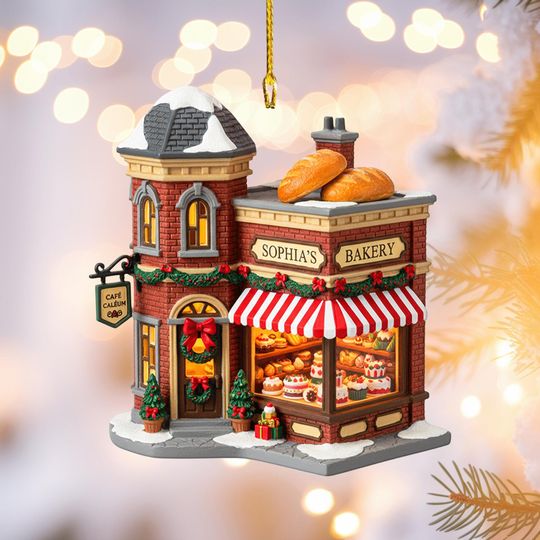 Discover Personalized Bakery Christmas Ornament, Custom Shop Name with Pastries Display Caf Storefront Holiday Decor, Gift for Bakers