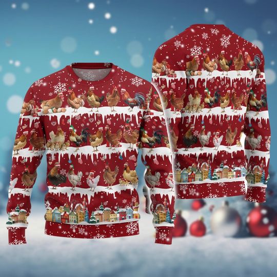 Christmas Chickens Ugly Sweater, Farm Animal Sweater, Funny Holiday Sweater, Chicken Mom Gift, Santa Hat Shirt, Xmas Party Sweater