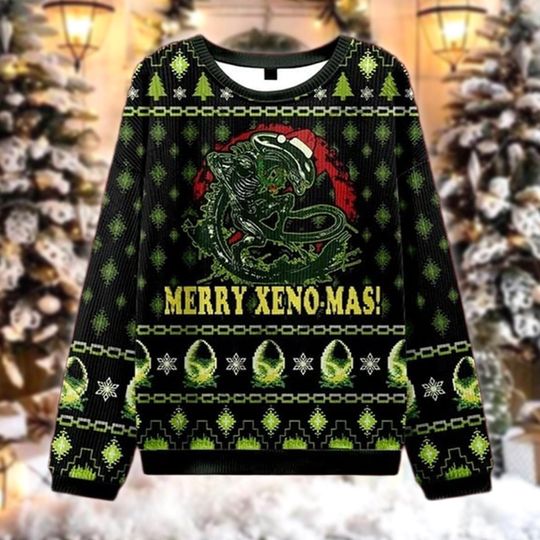 Discover Horror Sci-Fi Ugly Christmas Sweater, Monster Xenomorph Holiday Top, Scary Alien Xmas Gift, Egg Facehugger Jumper, Nerdy Goth Top