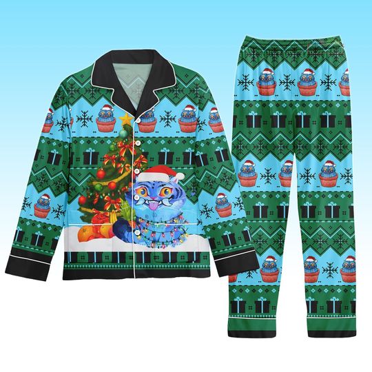 Discover Derpy Tiger  Pajamas Set, Blue Tiger And Women Pajamas, Long Satin Pajamas, Christmas Pajamas, Holiday Pajamas, Christmas Gift