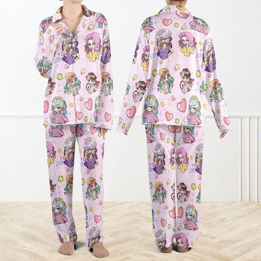 Kpop Saja Boys Silky Satin Pajama Set For Women And Kids, Kawaii Anime Idol Pajamas, Cute Chibi Cartoon Sleepwear, Kpop Fan Gift PJs