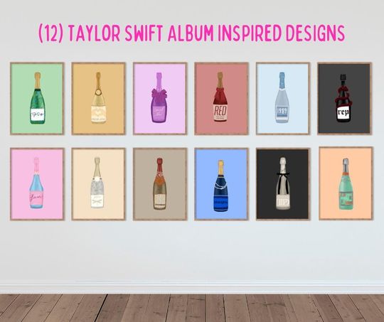 Discover Taylorr Swifts Album Champagne Bottle Art Prints: taylor version Bar Cart Decor (Digital Download)