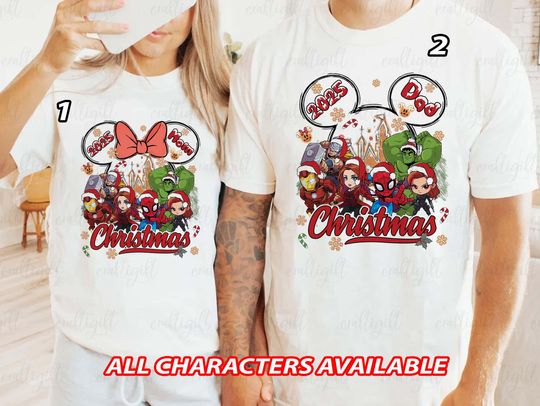 Discover Custom Xmas Avengers Mom Dad Matching, MCU Superhero Christmas Couple Shirt, Avengers Chibi Santa Costume, Disney Castle Family Trip Shirt