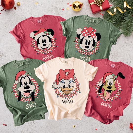 Discover Custom Disney Family Christmas Shirt, Comfort Colors Matching Christmas Tees, Personalized Disney Character Christmas Shirt, Christmas Tees