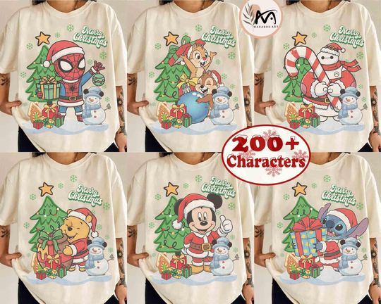 Discover Customized Disney All Characters Disneyland Santa Claus Merry Christmas Shirt, Mickey & Friends Christmas Family 2025, Stitch Pooh Woody Tee
