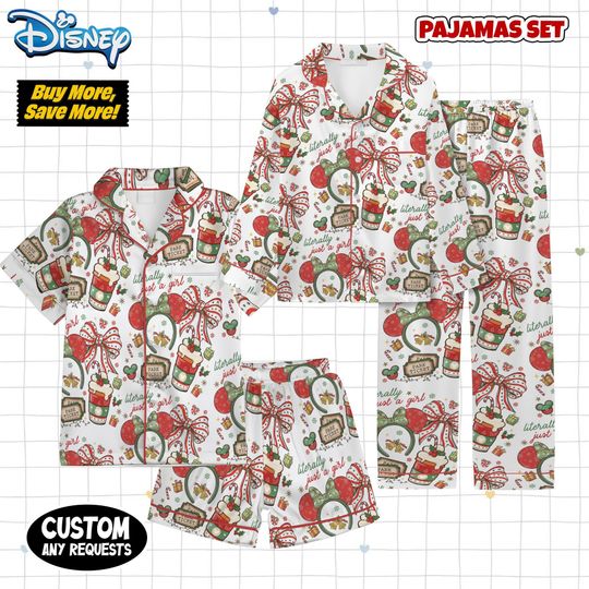 Discover Disney Literally Just A Girl Christmas Pajamas, Minnie Bow Coffee Pajamas, Disney Merry Christmas Pajamas, Disneyland Christmas Pajamas
