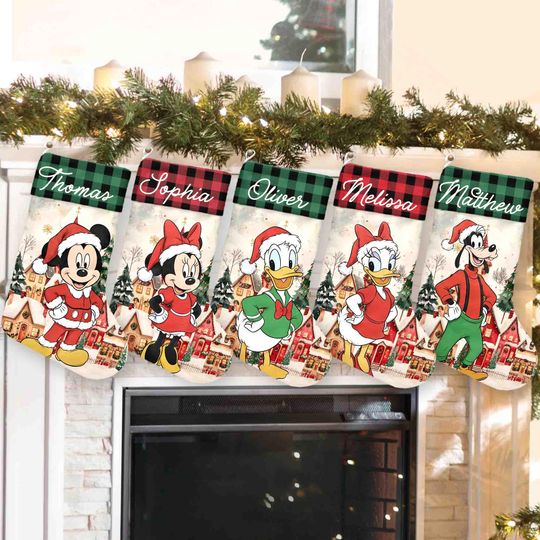 Discover Personalized Disney Christmas Stocking, Custom Name Stocking, Retro Mickey Mouse, Minnie, Donald, Goofy, Family Stockings, Xmas Mantle Decor