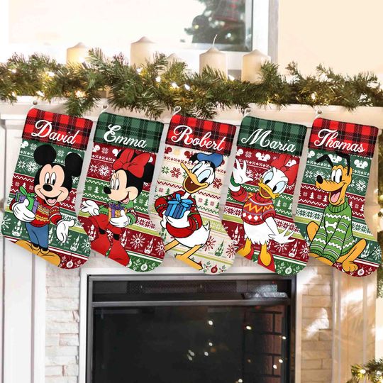 Discover Custom Mickey And Friends Christmas Stockings, Personalized Name Stocking, Cartoon Xmas Socks, Cozy Plaid Mantel Decor, Family Holiday Gift