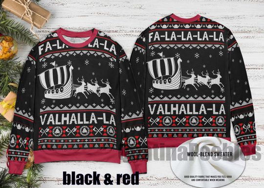 FA La La Valhalla Viking Ship Ugly Christmas Sweater, Funny Viking Holiday Christmas Sweater, Norse Mythology Festive Pullover Gift