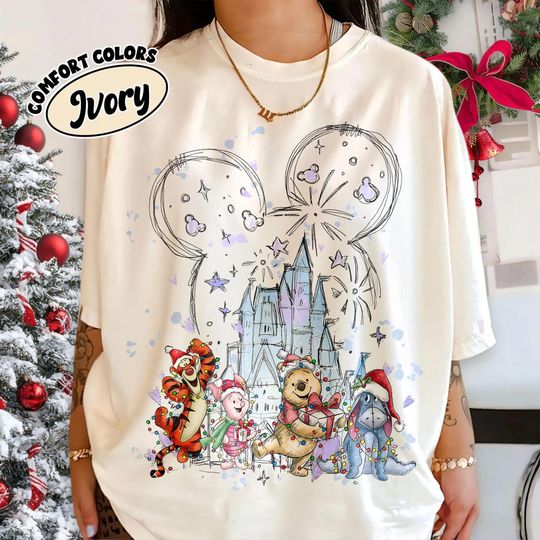 Discover Vintage Disney Winnie The Pooh Christmas Shirt, Pooh Tigger Piglet Eeyore Xmas Tee, Disney Castle Holiday Shirt, Disneyland Family Trip 2025