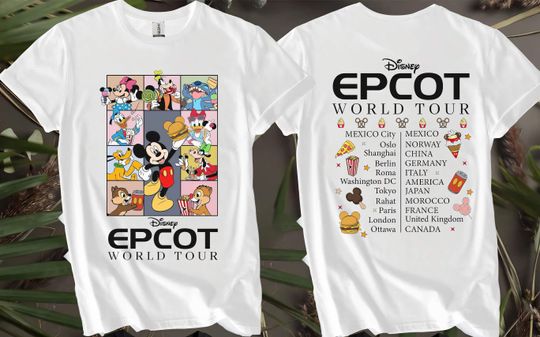 Discover Double Sided Epcot World Tour Mickey and Friends T-Shirt for Men, Women, and Kids