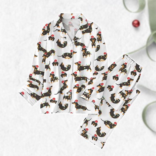 Dachshund Dog Christmas Pajamas Set, Sausage Dog Holiday Pajamas