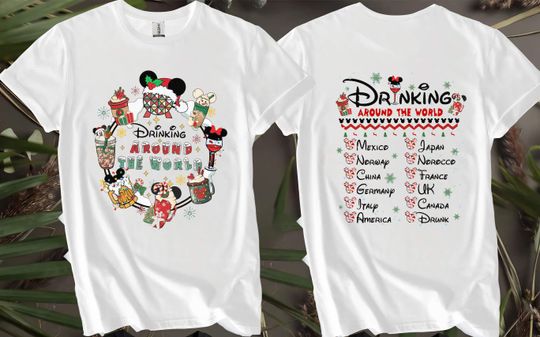 Double Sided Drinking Around The World Christmas T-Shirt for Men, Women, and Kids
