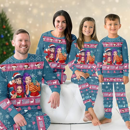 Kpop Group Family Pajamas Set, Rumi Mira Zoey Matching Holiday Pajamas, Kpop Movie Sleepwear, Blue Tiger Xmas Sweatshirt And Pants