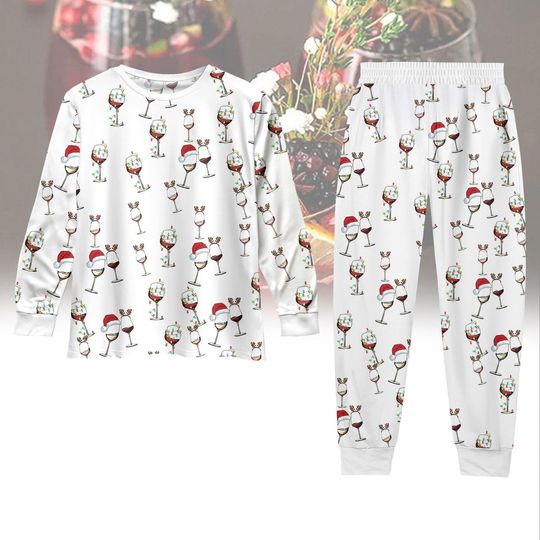 Wine Glass Christmas Lighting Matching Family Pajamas Set, Wine Red Pajamas, Santa Hat Reindeer Shirt, Holiday Pajamas, Xmas Party Gift
