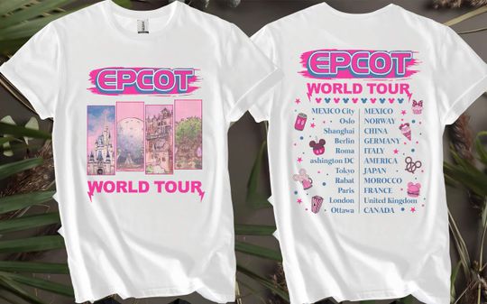 Discover 2-sided Vintage Disney Epcot World Tour Pink Custom T-Shirts for Men, Women, and Kids - Sizes S to 5XL | Ladies' T-Shirts Available AB113-2