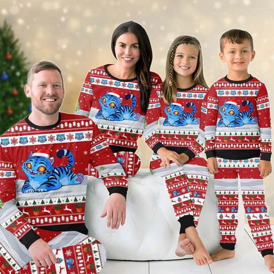 Discover Kpop Tiger Family Pajamas Set, Santa Blue Tiger Matching Holiday Pajamas, Kpop Anime Fans Loungewear, Cute Tiger Sweatshirt And Pants