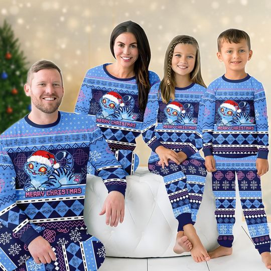 Blue Tiger Christmas Pajama Set, Santa Hat Tiger Long Sleeve Pajamas, Cute Kawaii Gift, Xmas Pajamas, Derpy Tiger Sweatshirt And Pants