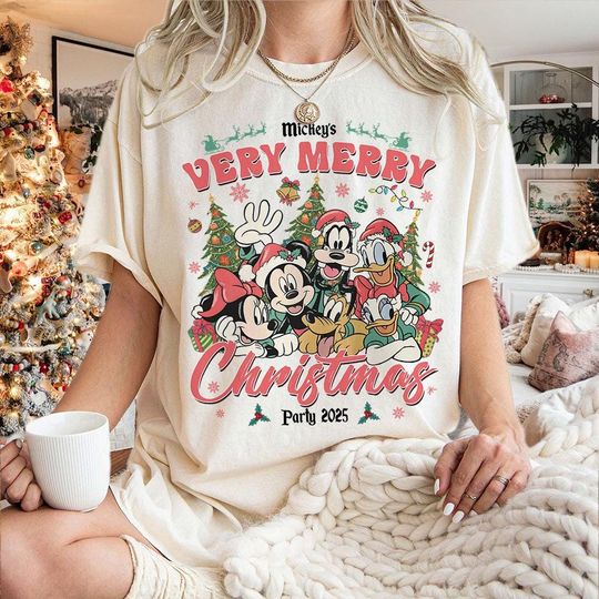 Discover Retro Mickey Very Merry Christmas Party 2025 Shirt, Mickey And Friends Christmas Matching Tee, Disney Vintage Disney Family Christmas Shirt