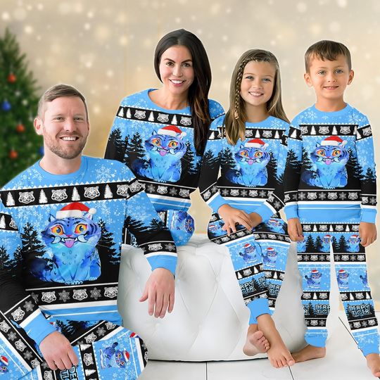 Blue Tiger Christmas Pajama Set, Santa Hat Tiger Holiday Pajamas, Cute Kawaii Gift, Xmas Pajamas, Derpy Tiger Sweatshirt And Pants