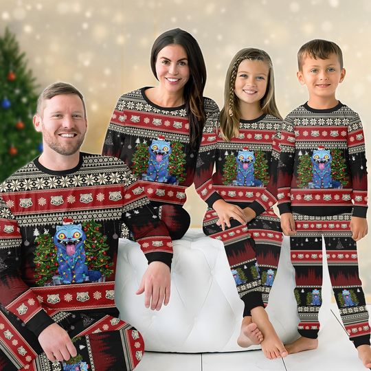 Discover Blue Tiger Christmas Family Pajamas Set, Tiger With Santa Hat Holiday Pajamas, Kpop Fans Loungewear, Animals Xmas Sweatshirt And Pants