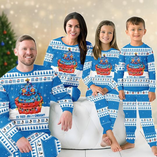 Derpy Tiger Matching Family Pajamas Set, Merry Christmas Pajamas Kids, Cute Kawaii Gift, Blue Tiger Xmas Pajamas, Holiday Pajamas