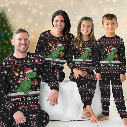 Dinosaur Christmas Matching Family Pajamas Set, Merry T-Rexmas Christmas Pajamas, Fun Dino Santa Sweatshirt And Pants, Xmas Pajamas
