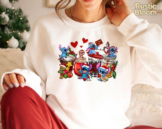 Discover Stitch Christmas Coffee Sweatshirt, Retro Disney 2025 Xmas Tee, Vintage Disney Holiday Top, 2025 Family Matching Xmas Gift