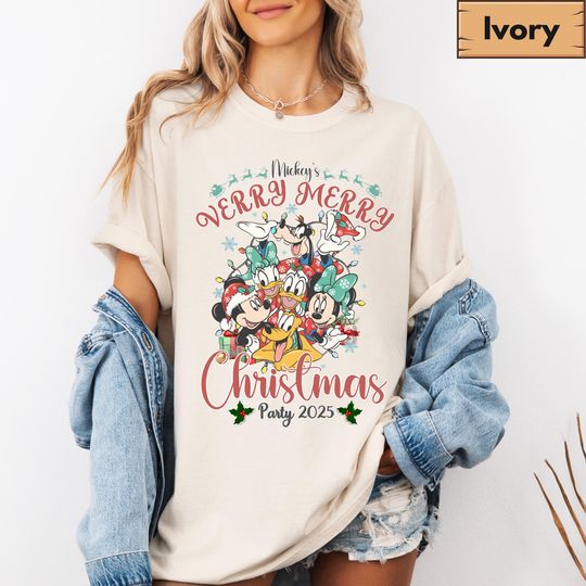 Discover Comfort Colors Retro Mickey Very Merry Christmas Party 2025 Shirt, Mickey And Friends Christmas Matching Tee, Disney Family Christmas Shirt